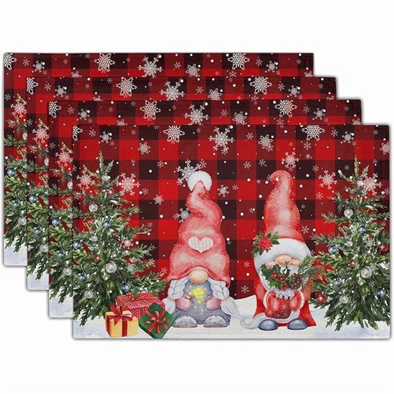 Winter Gnomes Placemats Set of 4, Christmas Snowflakes Xmas Trees Linen Table Mats, Red Black Buffalo Plaids Non-Slip Place Mats for Kitchen Dining Holiday Decor, 12x18 Inch