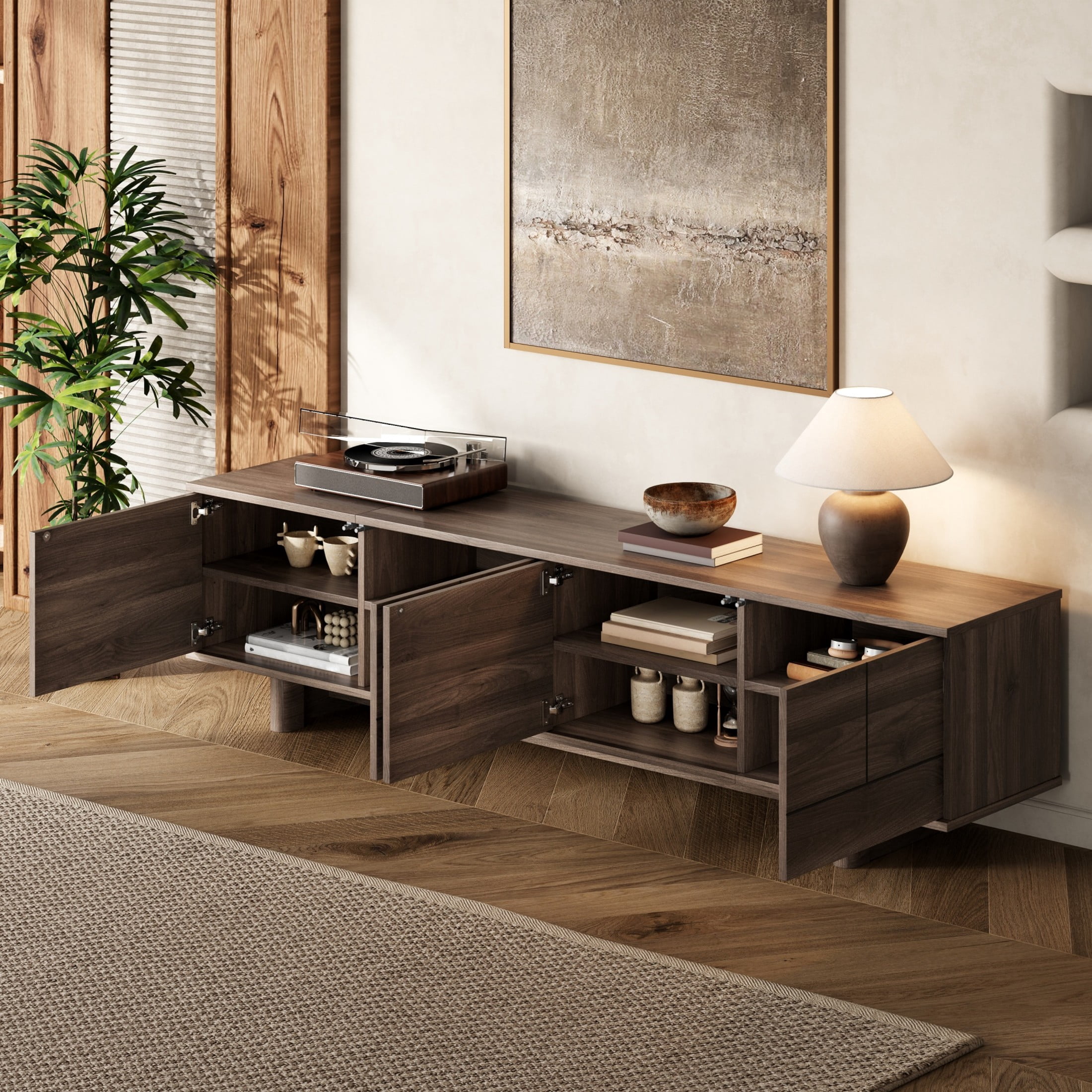 Noble House Modern TV Stand for TVs up to 85" with Push-Open Storage, Adjustable Shelves, Dark Brown