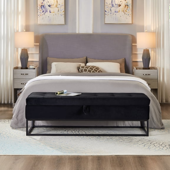 Knubmt Long Bench with Metal Base, Velvet Storage Bench for Home, Bedroom, Living Room, Black