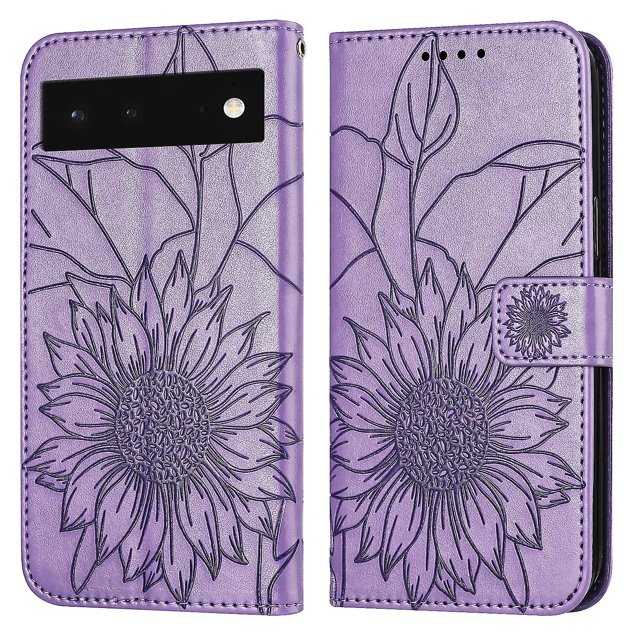 Funda tipo cartera con girasoles grabados para Google Pixel 6: elegante, multifuncional y con protección total.