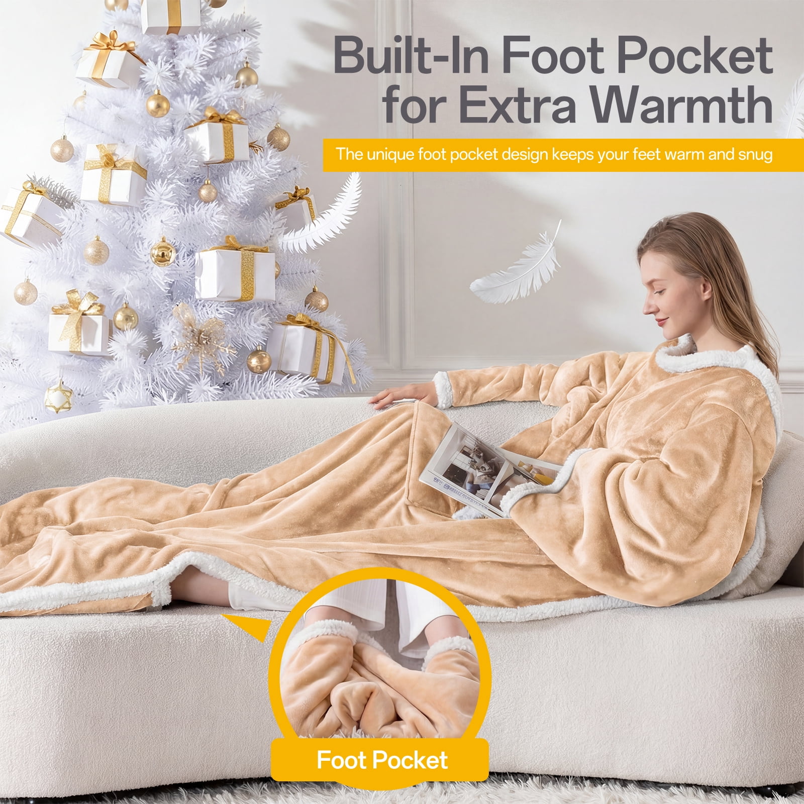 ELEKA Wearable Heated Blanket with Foot Pocket，Electric Blanket with Sleeves，6 Heating Levels,4 Hours Heating Time Settings，Beige，52*72