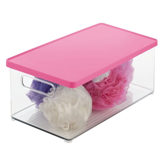 mDesign Plastic Storage Bin Box Container with Lid and Handles - Clear/Rose Pink