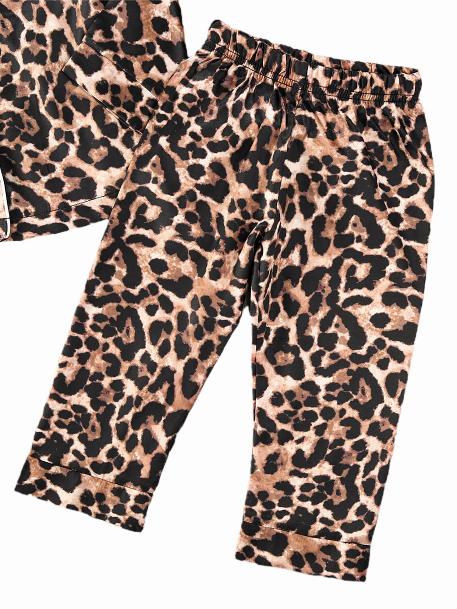 Andannby Baby Girl Silk Pajamas Leopard Printed Satin Toddler PJs Set Sleepwear Button-Front Nightwear