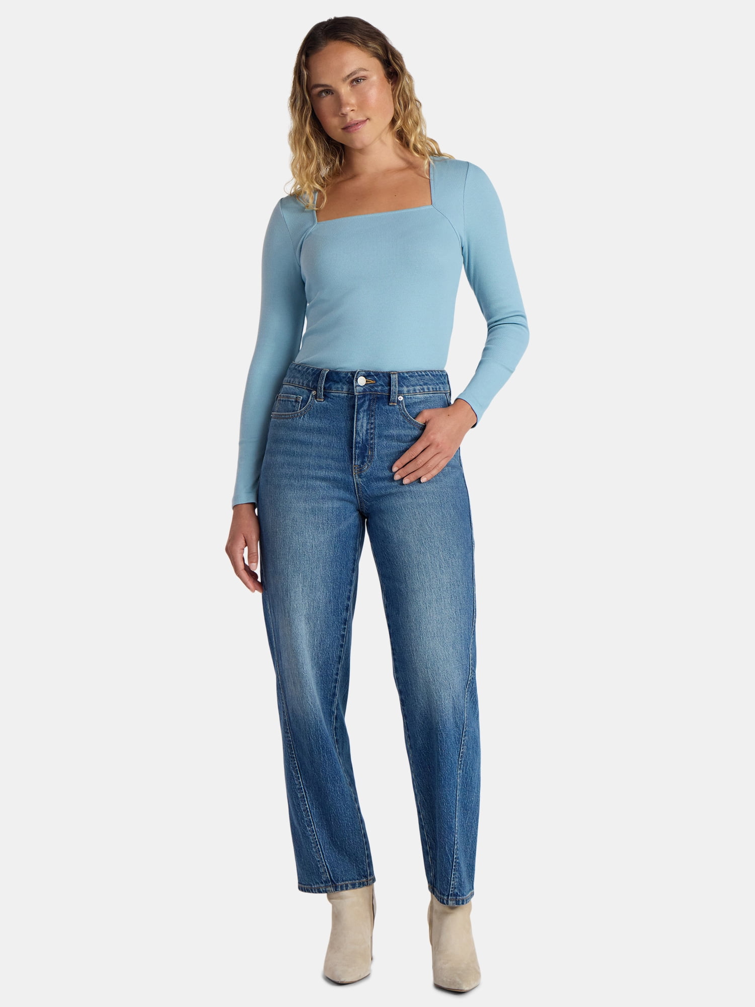 Time and Tru Women's Ribbed Square Neck Top with Long Sleeves, Size XS-XXXL