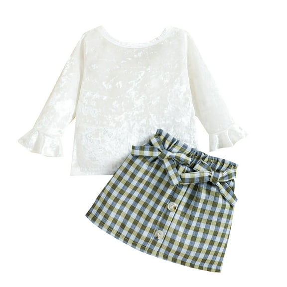 Sngxgn Toddler Girl Fall Clothes Solid Knitted Pullover Top A-Line Button Mini Skirt Set Girls 2Pcs Oufits(White,110)