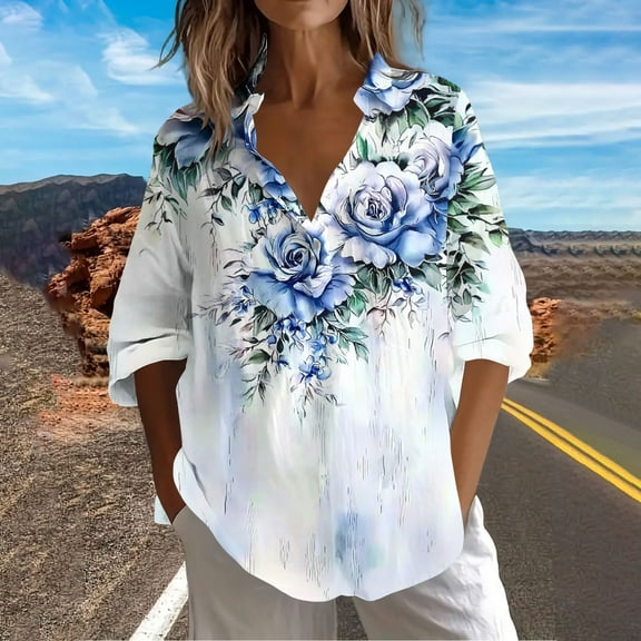 Royisotas Casual Plus Size Tops for Women Winter Gauze Soft Long Sleeve Womens Button Down Blouse Blue Floral Graphic Collared Button up Shirts