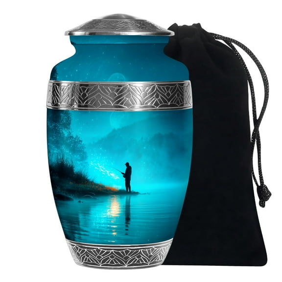 MUKTIVE Fishing Silhouette Large Funeral Urns for Adult Ashes Men - Blue, Evening Decorative Cremation Urn for Human Ashes for Men - Ash Holders - Remembrance Gifts for Loss (10 Inch)