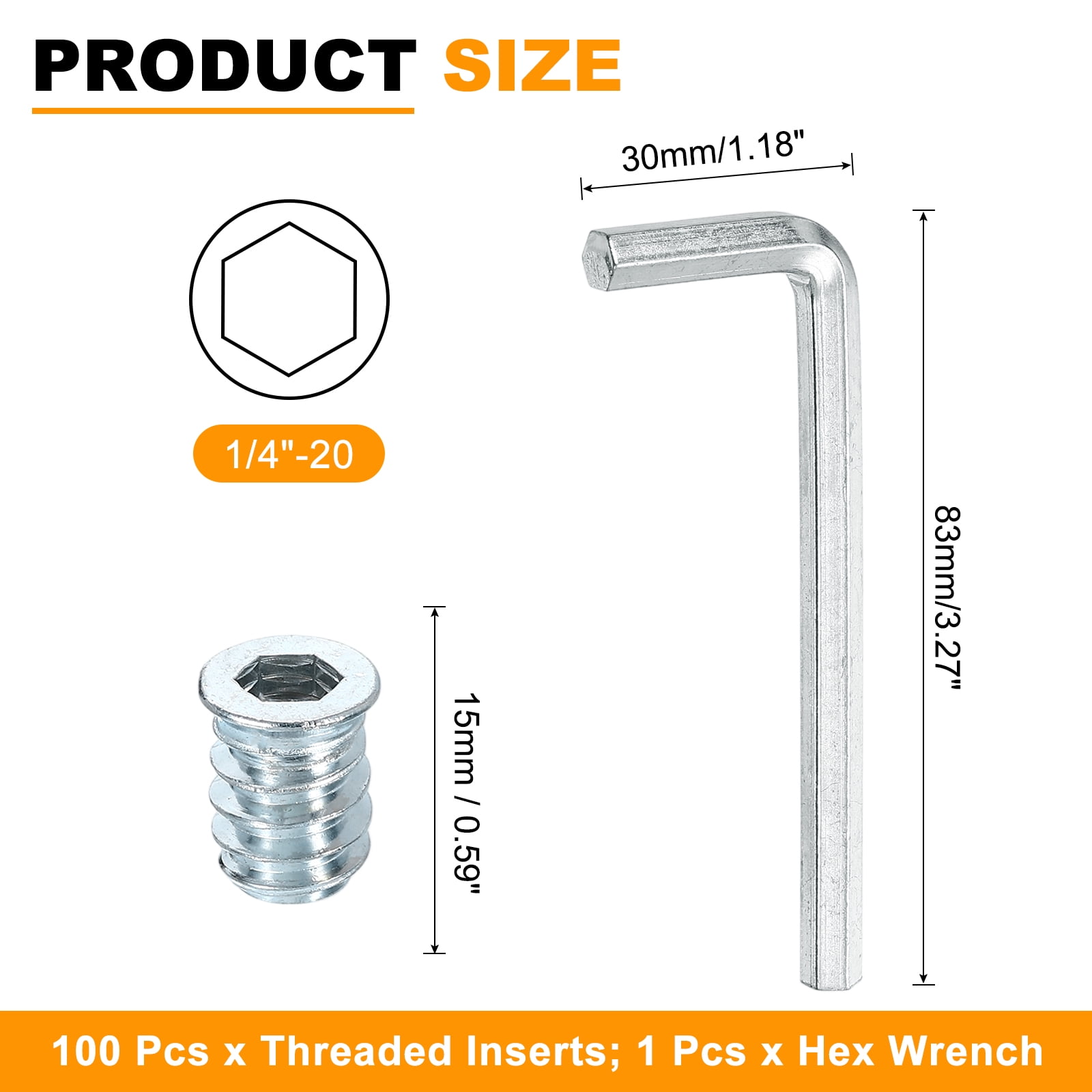 100 Pcs Threaded Insert for Wood, 1/4 - 20 Threaded Studs 15mm Length, Silver