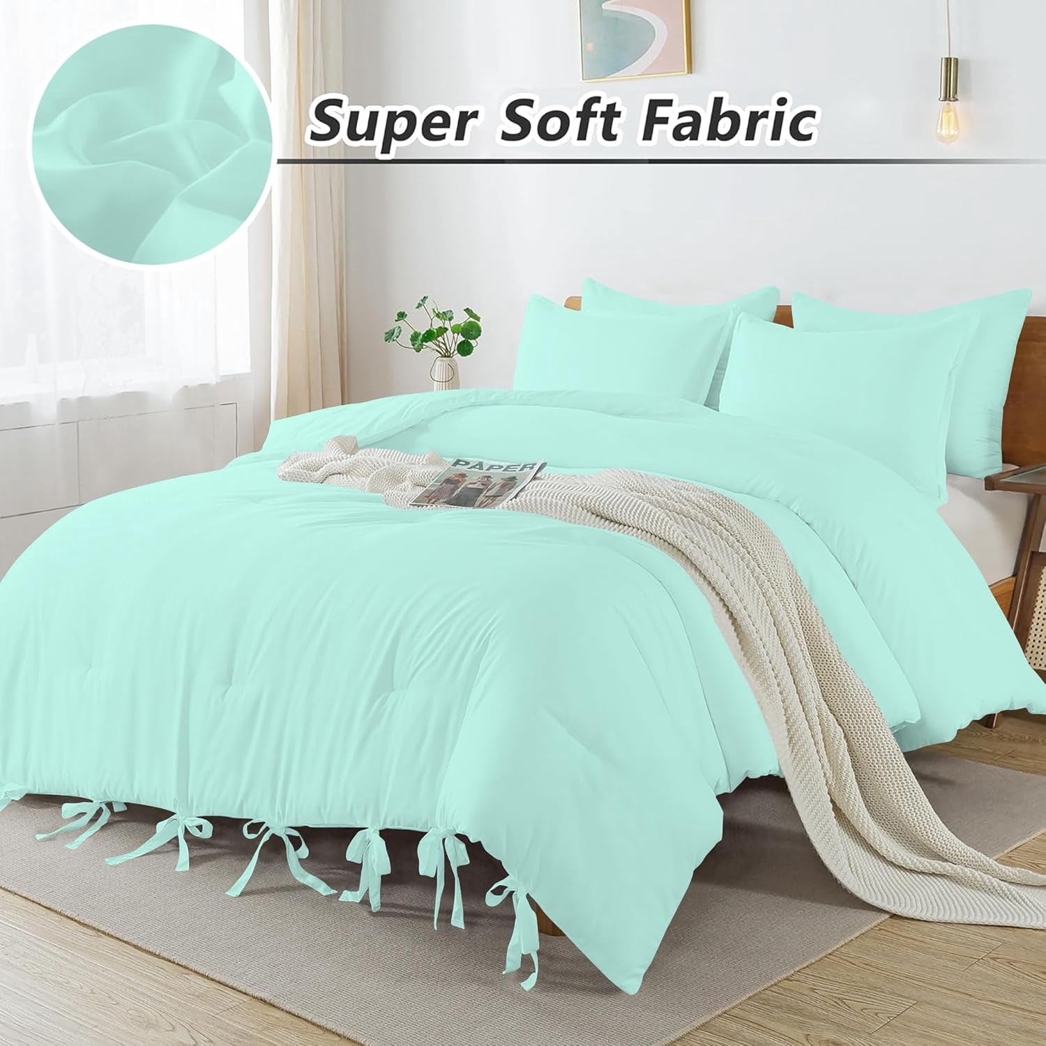 3 Piece Luxury Bottom Tie Pattern Comforter Set, 800 TC, 100% Egyptian Cotton, King/California King Size Aqua Blue Solid