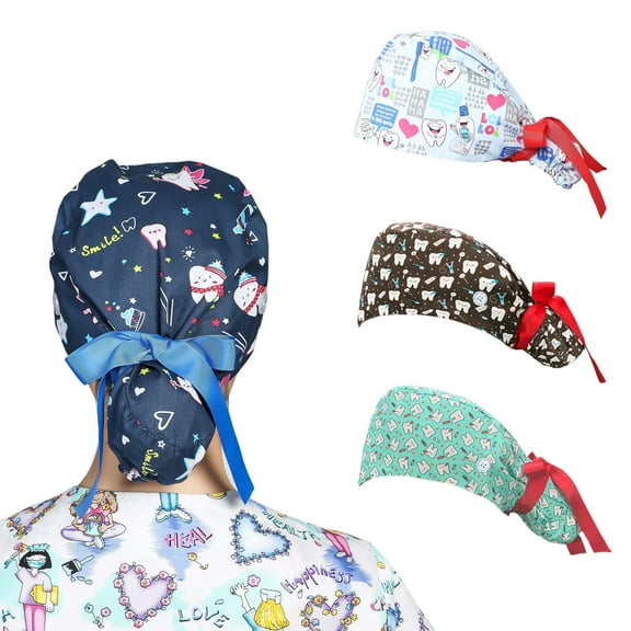 FormulaMod 4PCS Scrub Cap With Button, Surgical Cap Adjustable Tooth Printing Sweat-absorbent Hat Long Belt Nurse Hat, Dentist Work Hats for Women Pet Cap Doctor Hat