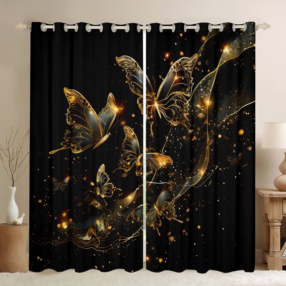 Castle Fairy Flying Butterflies Black Out Curtains for Boys Girls Teenagers,Black Golden Curtains Pack Of 2 (42X63 Each),Bling Glitter Bedroom Curtains,Microfiber Bedroom Decor