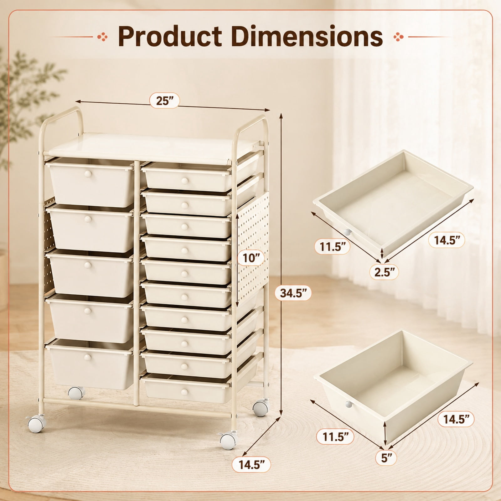 Furnibear 15 Drawer Rolling Storage Cart with Metal Tabletop Pegboard and Locking Wheels for Kitchen Office and Classroom Organizing, White