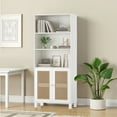 thumbnail image 3 of MAYEERTY 5-Shelf Bookcase with Rattan Doors, Tall Display Shelves for Home Office & Bedroom, White, 3 of 7