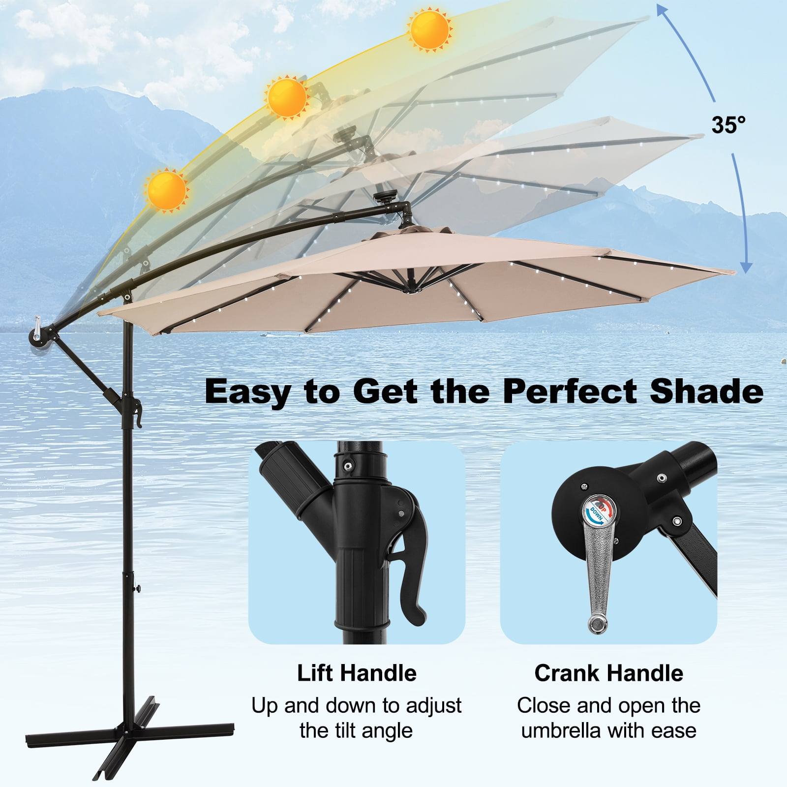 Costway 8.2' Beige Round Cantilever Patio Umbrellas, LED Lights