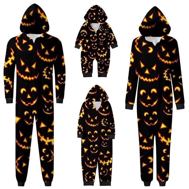 Aocisk Pyjama d'Halloween Familial Confortable avec Imprimé Mode, Combinaison à Capuche avec Fermeture Éclair pour Maman, Noir P