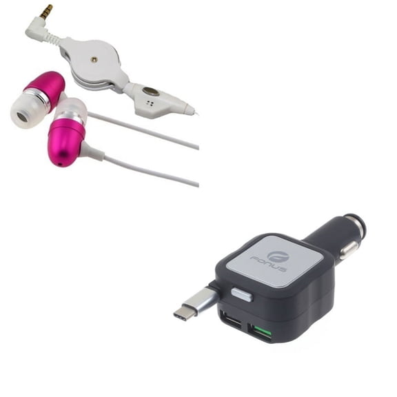 Retractable Car Charger w Headphones Retractable Earphones P2W for Acer Liquid Jade Primo - Alcatel PulseMix, 7, Idol 5S 5 4S - ASUS Zenfone V Live, ROG Phone, AR 6 5z 4 Pro