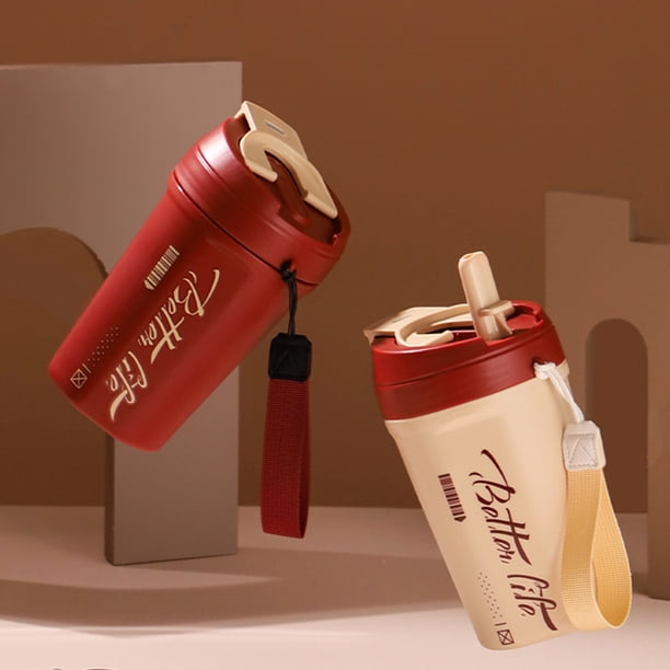 Vaso de agua aislante de acero inoxidable 304 con pajita | Tambor térmico de doble capa, marcas de medición, cuerda de transporte | Bebidas calientes y frías | Rojo Beige 18,5cm