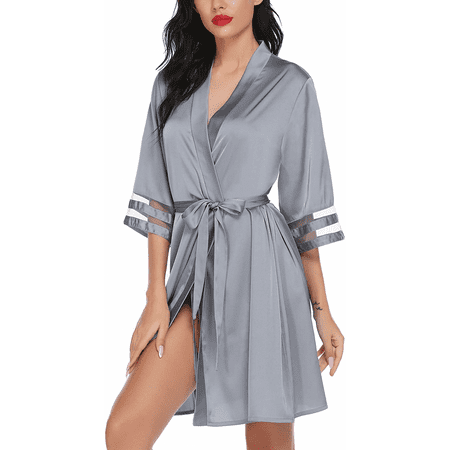 

Wish Women s Satin Robe Lightweight Kimono Bathrobe Bell Sleeve Bridesmaid Bride Party Robes ----- Light Gray（Size L） S2736