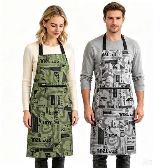 2 Pack Cooking Aprons for Men Women,Waterproof Kitchen Adjustable Bib Chef Aprons with Zipper Pockets, Oil Resistant Graffiti Print Aprons
