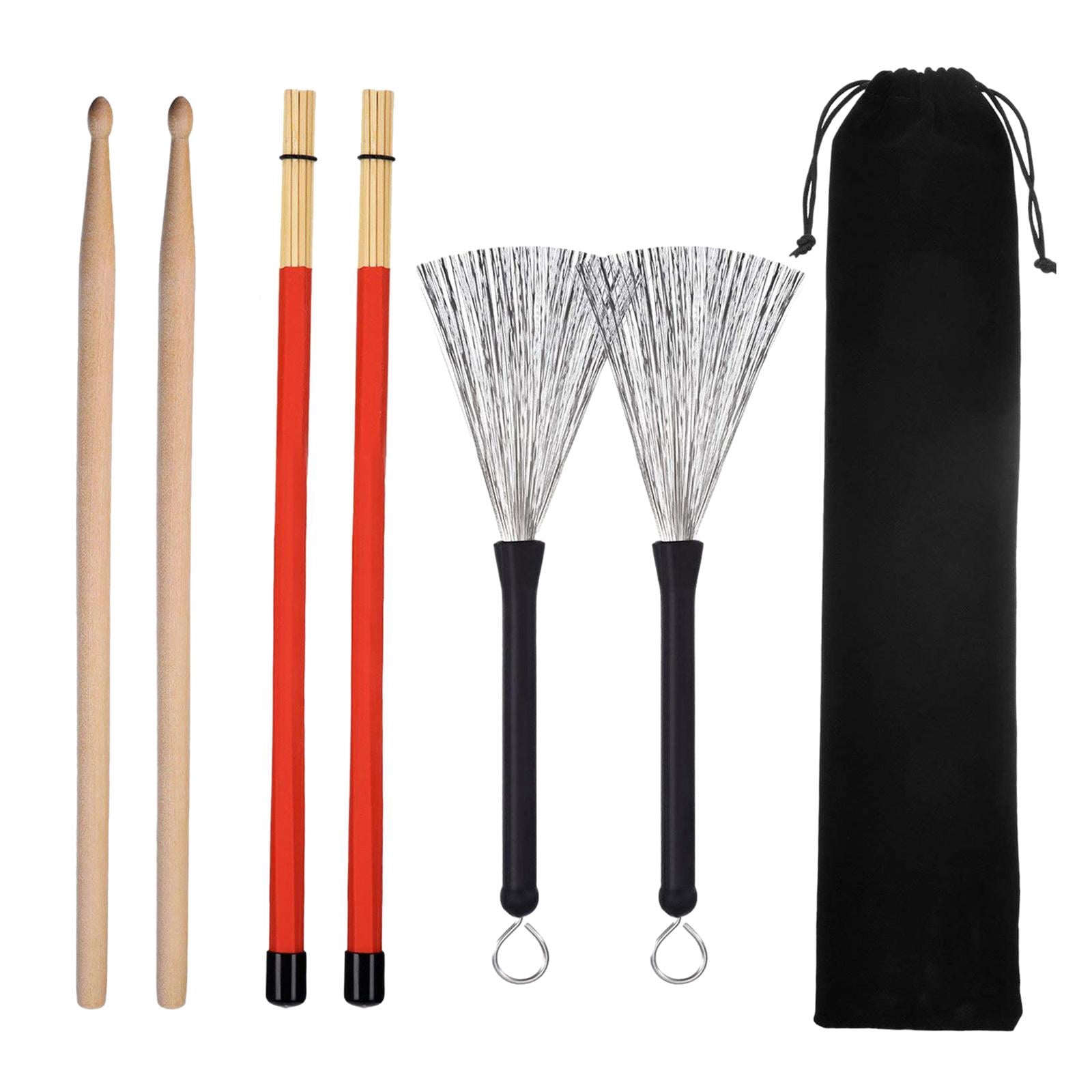 QccHieUs Drumsticks Set Durable and 1 Pair Rods Drum Brushes with Storage Pouch for Music