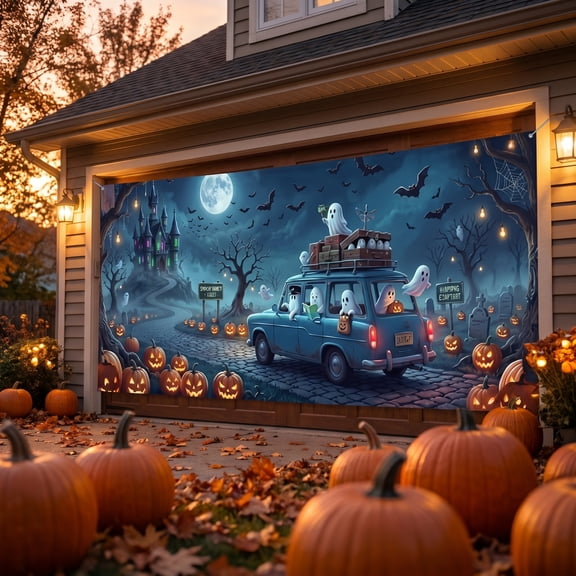 Halloween Garage Door Cover Spooky Ghost Pumpkin Castle Garage Cover Horror Party Outdoor Door Decor halloween decorations
