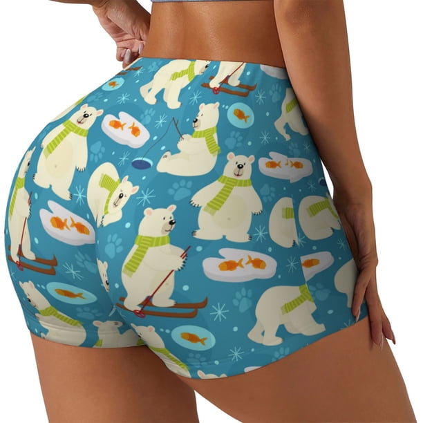 Balery Cute Polar Bear Fishing Pantalones cortos de entrenamiento estampados para mujer, sin costuras, ajustados, para gimnasio, yoga, correr, deportes, ejercicio activo, fitness.-Large