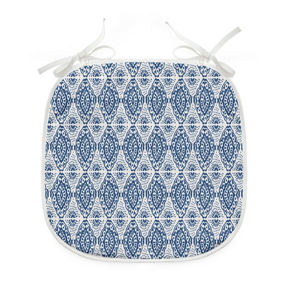 Blue and White Dining Chair Pad, Abstract Tie Dye Effect Ikat Shibori Pattern in Bohemian Fashion, Water Resistant Pillow with Straps for Kitchen Seats, 2 Pieces Set, Navy Blue and White, by Ambesonne