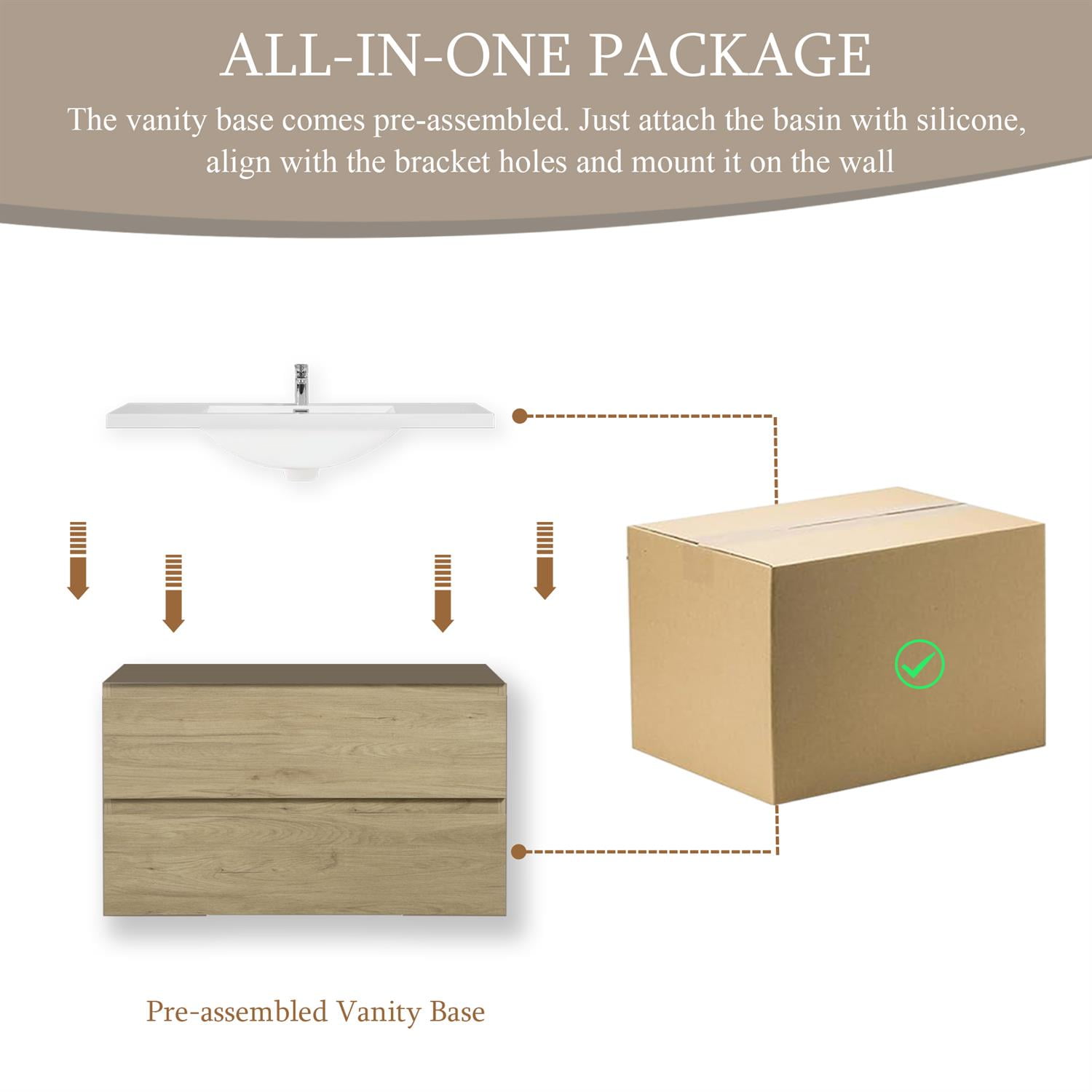 Demi Bonn 36" Floating Bathroom Vanity with Sink, Resin Top Basin and 2 Soft Close Drawers, Faucets and Drains Not Included, Brown