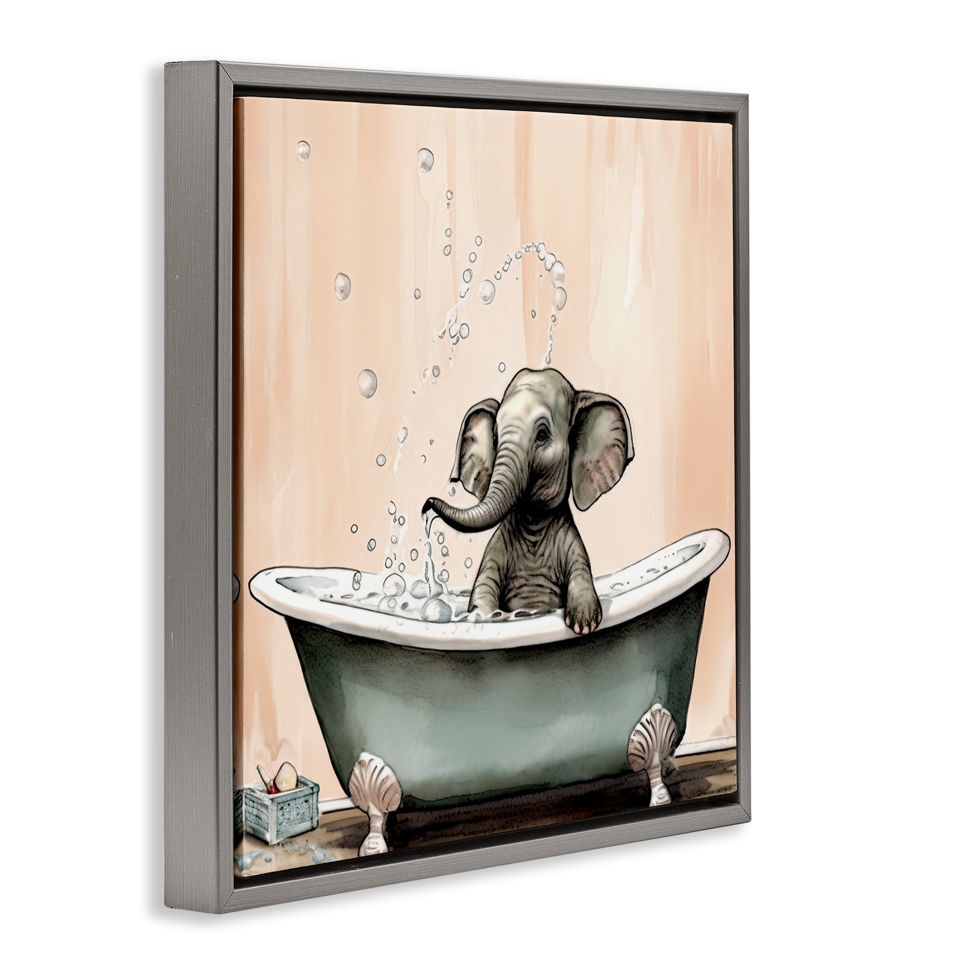 Baby Elephant Bubble Bath Gray Framed Floater Canvas Wall Art, design by Sasha