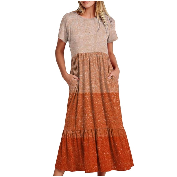 Vestido de Manga Corta para Mujeres Vestido de Verano de Cuello Redondo Impreso, Poliéster de Tamaño Verdadero Diario Y Vestido de Fiesta