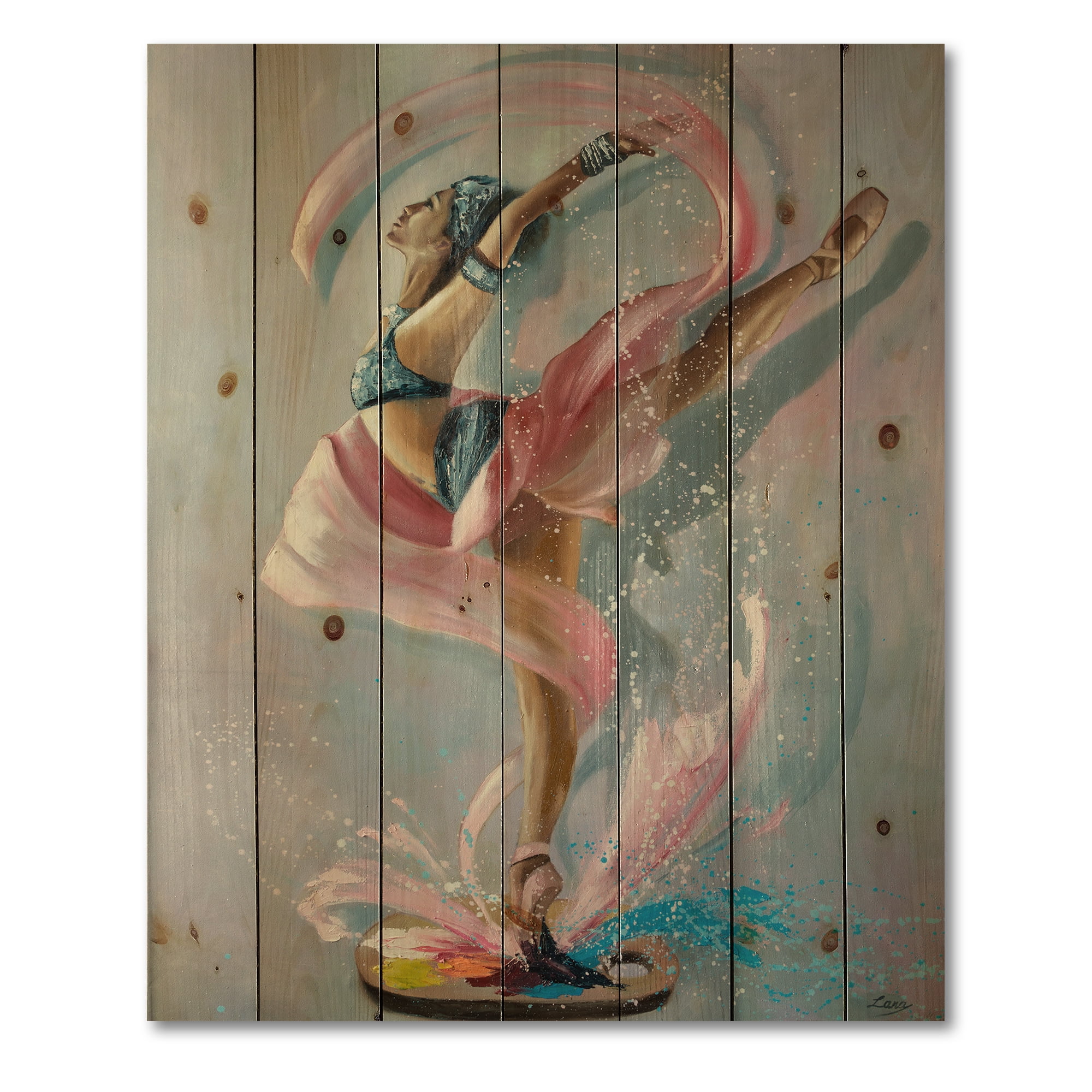 Designart 'Graciously Dancing Girl In Pink Drapes' Traditional Print on Natural Pine Wood