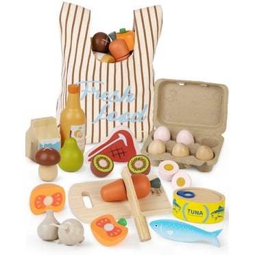 Wooden Play Food Sets for Kids Kitchen, Food Toys for Toddlers 3  Year Old, with Shopping Bag, Pretend Food Play Kitchen Cutting Fruits Vegetables Toys, Gift for Boys Girls Educational Toys