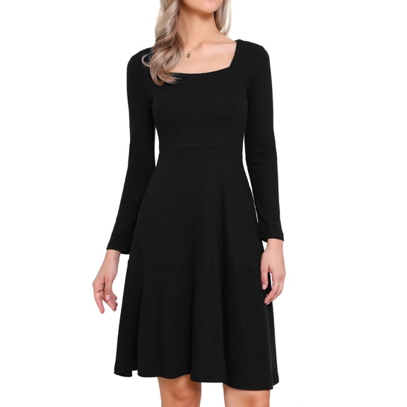 DARING DIVA Women's Knit Sweater Casual Square Neck Long Sleeve Dress XS Black