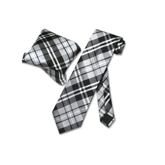 Vesuvio Napoli Black Gray White PLAID NeckTie & Handkerchief Matching Tie Set