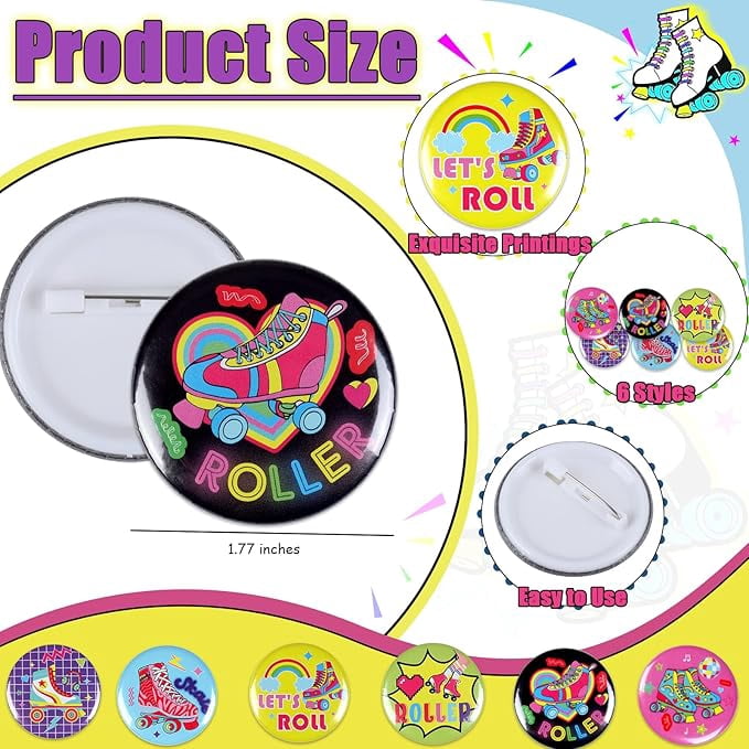 36Pcs Roller Skate Party Favors, Roller Skating Button Pins Bulk for Roller Skating Birthday Party Decorations, Tinplate Badge Pins for Retro 90s Throwback Hip Hop Baby Shower Party Supplies