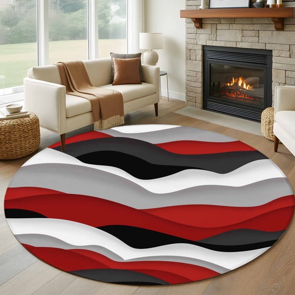 7ft Round Rug, Red Black Ombre Non-Skid Rubber Backing Large Area Rugs - Living Room Bedroom Home Office, Modern Geometric Moire Abstract Art Indoor Floor Mat Carpets Washable Rug
