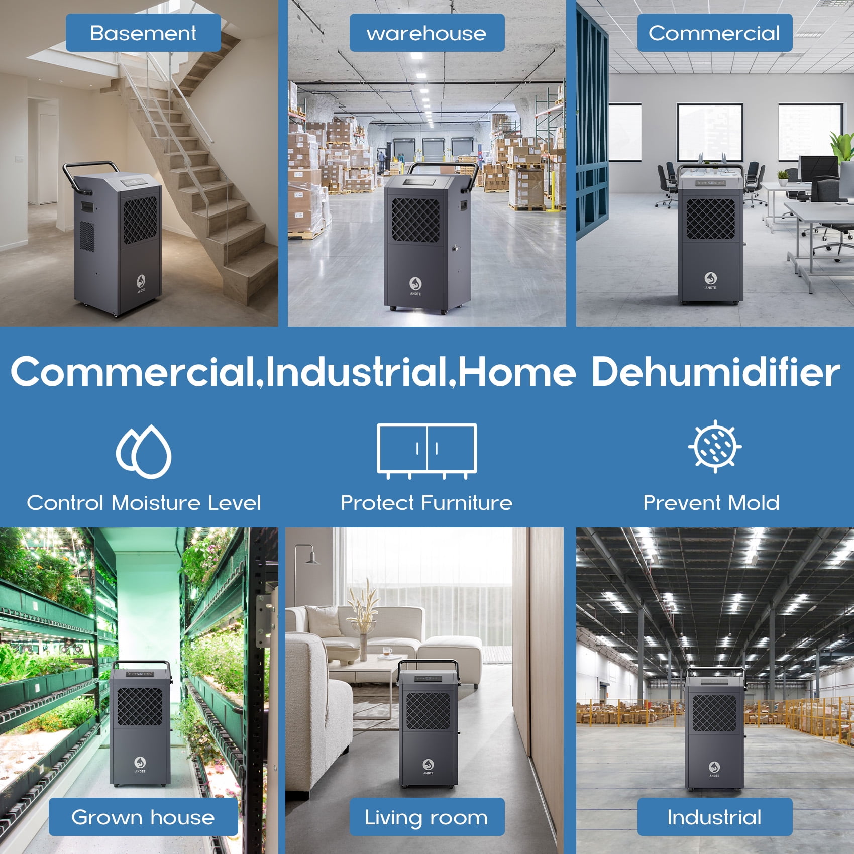 ANDTE 190 Pints Commercial Dehumidifier with Pump, Covers up to 3,600 sq. ft, Industrial Dehumidifier for Basements and Job Sites