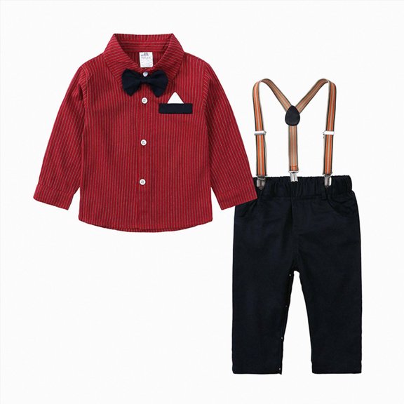 WUANDIXFA Toddler Boys Dress Outfit Toddler Boys Long Sleeve Red Shirt Tops Pants with Tie Child Kids Gentleman Outfits Dress Clothes,Red,12-18 Months