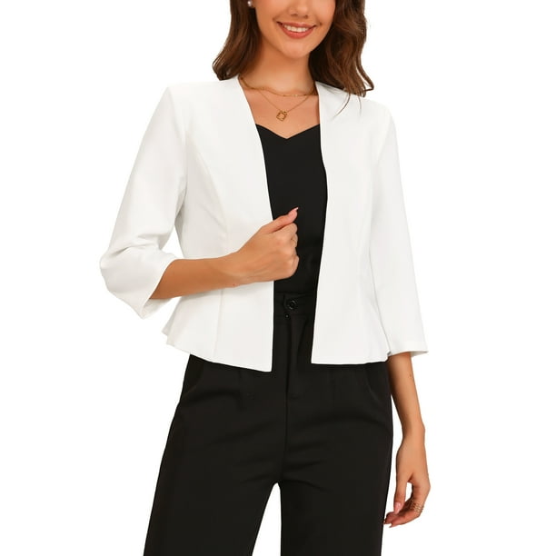 INSPIRAR CHIC Blazer Elegante para Mujeres, Chaqueta de Traje de Trabajo con Peplum, Sin Cuello, de Manga 3/4, Talla XL, Blanca