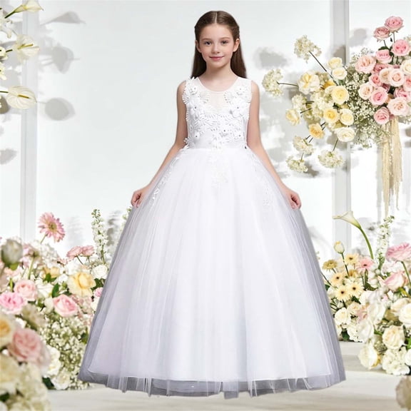 WPPGONE Girls Appliques Flower Girl Dress Sleeveless Tulle Ball Gown Embroidered Princess Wedding Party Gown Elegant Formal Pageant Dress Toddler Communion Gown Kids Birthday Photoshoot Party Dresses