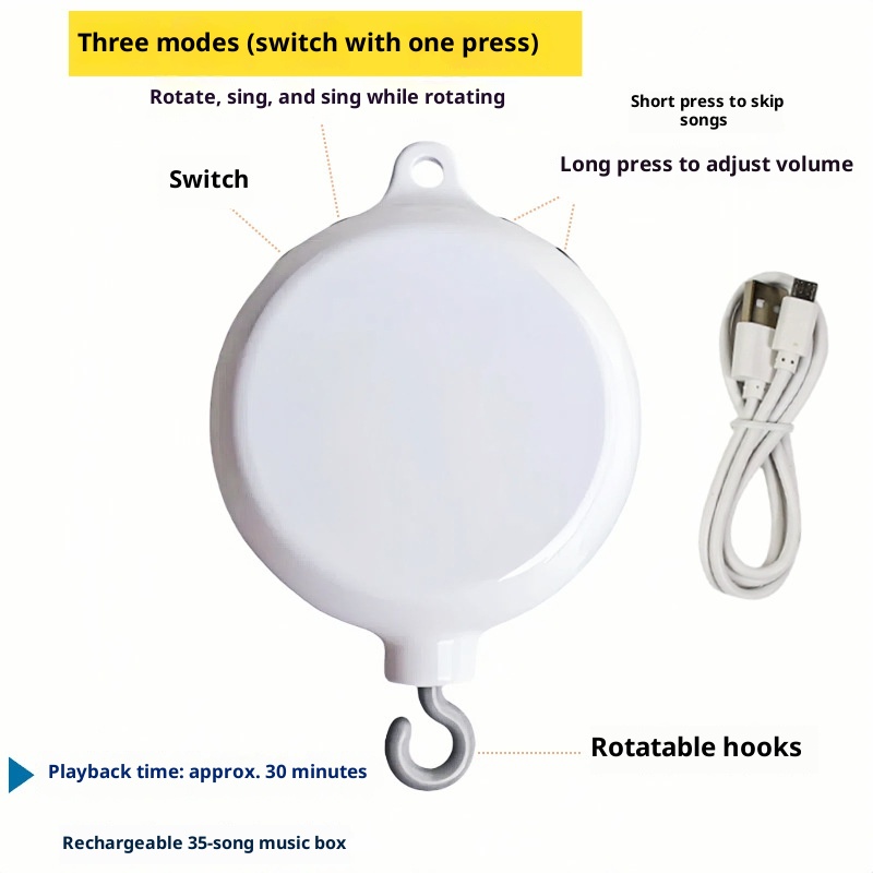 Baby Crib Mobile Motor, Rechargeable - Operated Music Box with Connectivity, Spinner Crib Mobile（white）
