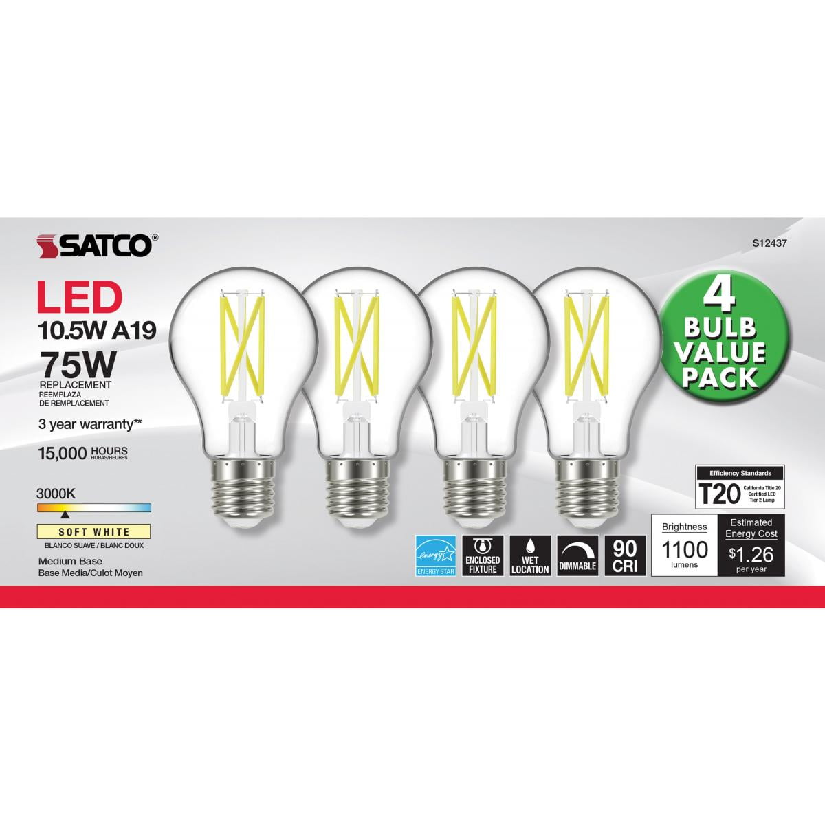 4Pk - 10.5W A19 LED Clear Medium base 3000K 120v - 75W equiv