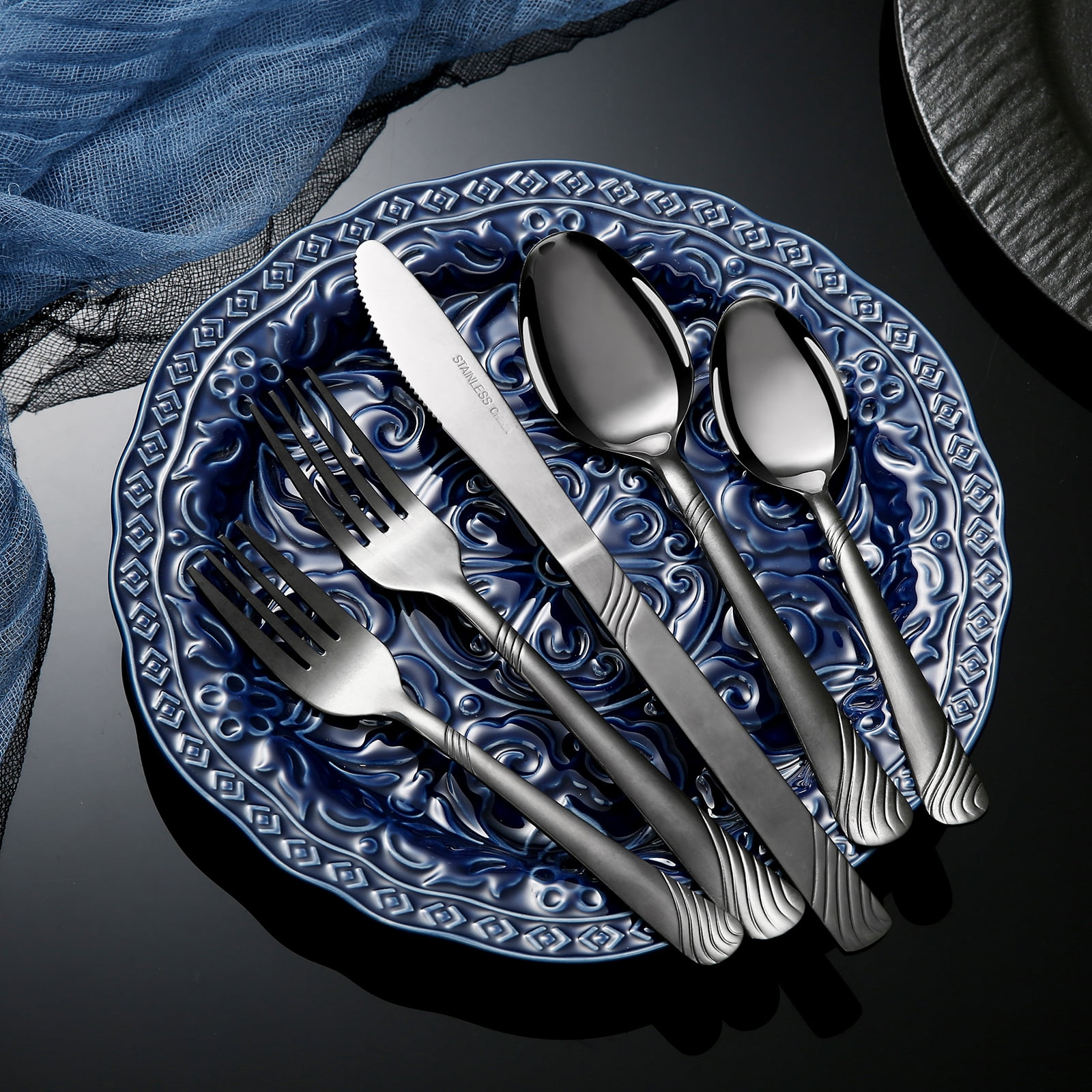 KitchenTrend Swirl 48 Piece Stainless Steel Flatware, Tableware Cutlery Set for Home Restaurant Black