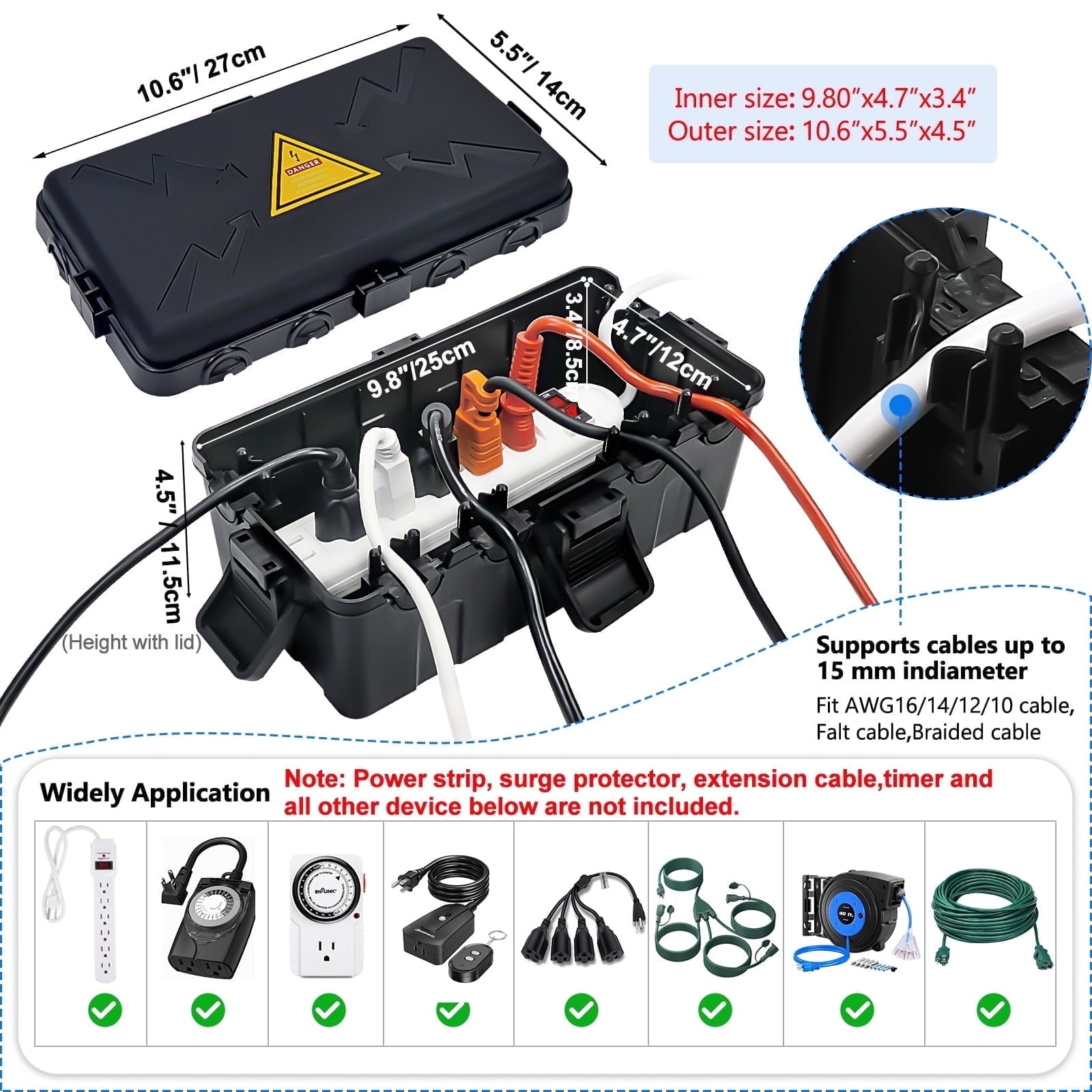Kcpolre Medium Outdoor Electrical Box (10.6x5.5x4.5 inch), IP54 Weatherproof Electrical Box with 6 Cable Ports, Wall-Mountable for Power Strips, Holiday Lights, Pool Pumps, Black