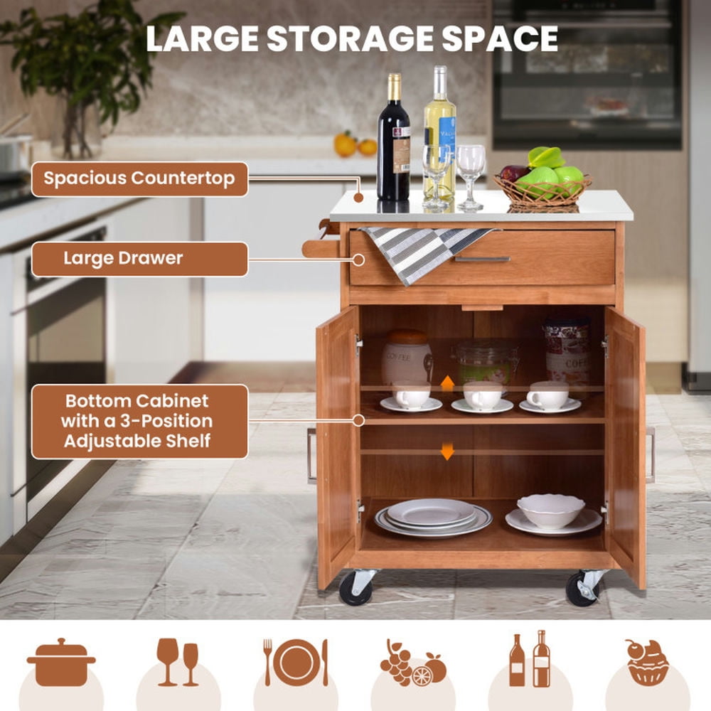 Finihen Rolling Storage Cabinet Cart, Kitchen Island Cart, Wooden Kitchen Rolling Storage Cabinet with Stainless Steel Top, for Kitchen, Dining Room, Brown Finihen Rolling Storage Cabinet Cart, Kitchen Island Cart, Wooden Kitchen Rolling Storage Cabinet with Stainless Steel Top, for Kitchen, Dining Room, Brown