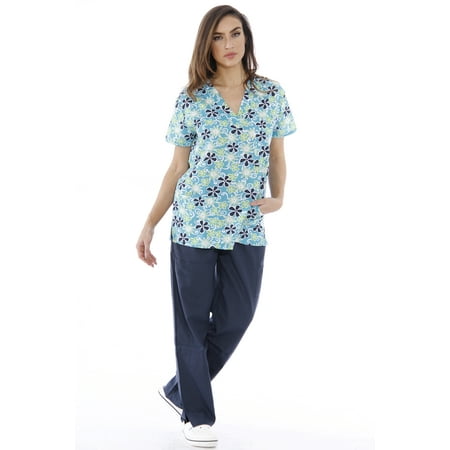 Just Love Nursing Scrubs Set for Women / Print Scrubs (V-Neck) (Green Flower with Navy Pants, Small)