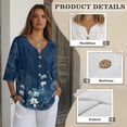 thumbnail image 6 of Xoenoiee Blue Lotus Flower Cloud Water Ripple Print Women Linen Button Down Shirt Rolled Cuffed 3/4 Sleeve Blouse Ladies Summer Casual V Neck Beach Cotton Tops, 4XL, 6 of 7