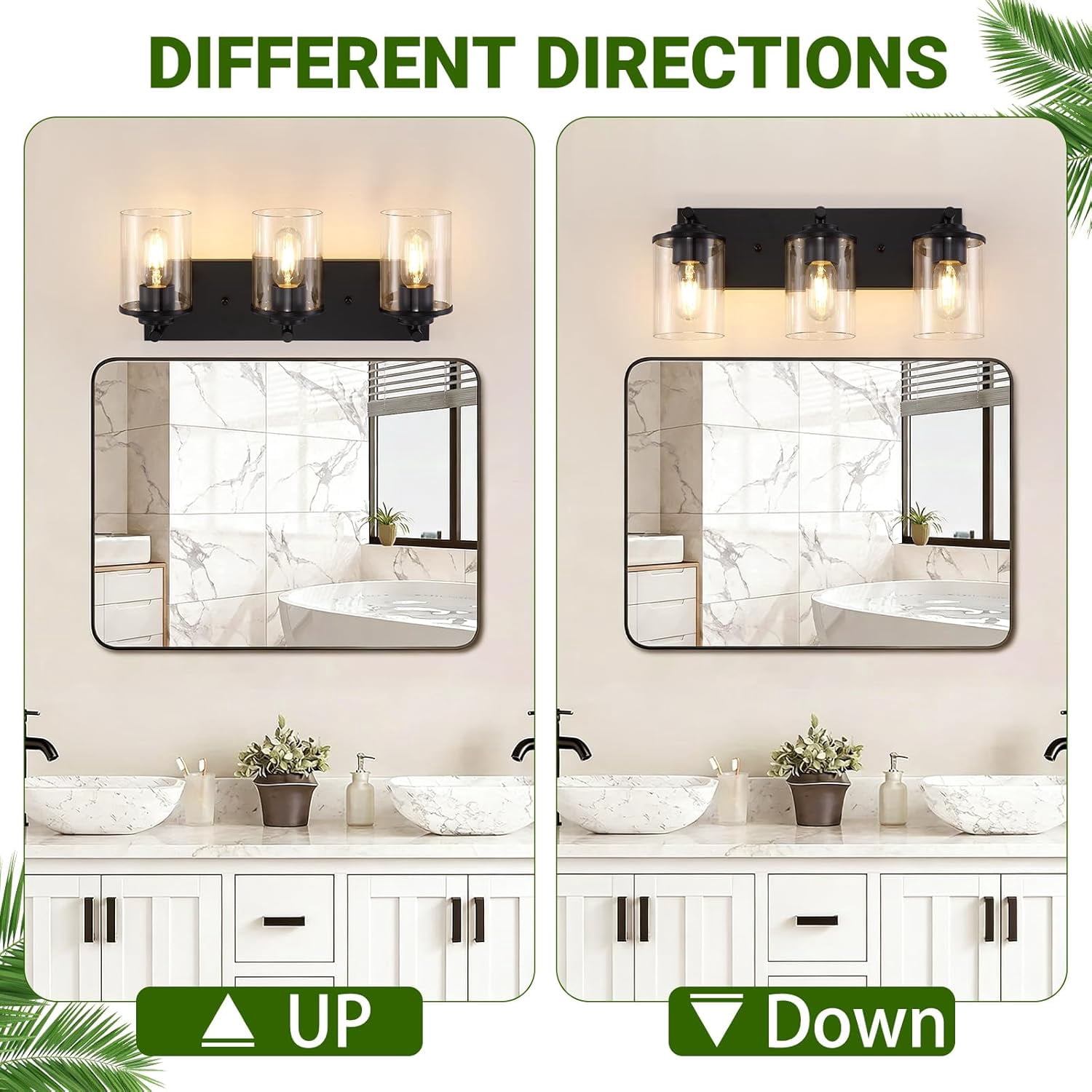 3-Lights Bathroom Vanity Light Fixtures, Modern Black Vanity Lights Over Mirror with Clear Glass Shade for Bathroom, Wall Mounted Lamp for Bedroom Hallway Living Room