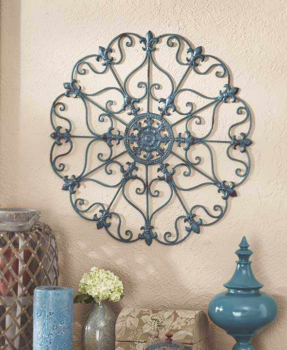 Teal Metal Antiqued Finish Iron Wall Medallions Display Hangs Indoors