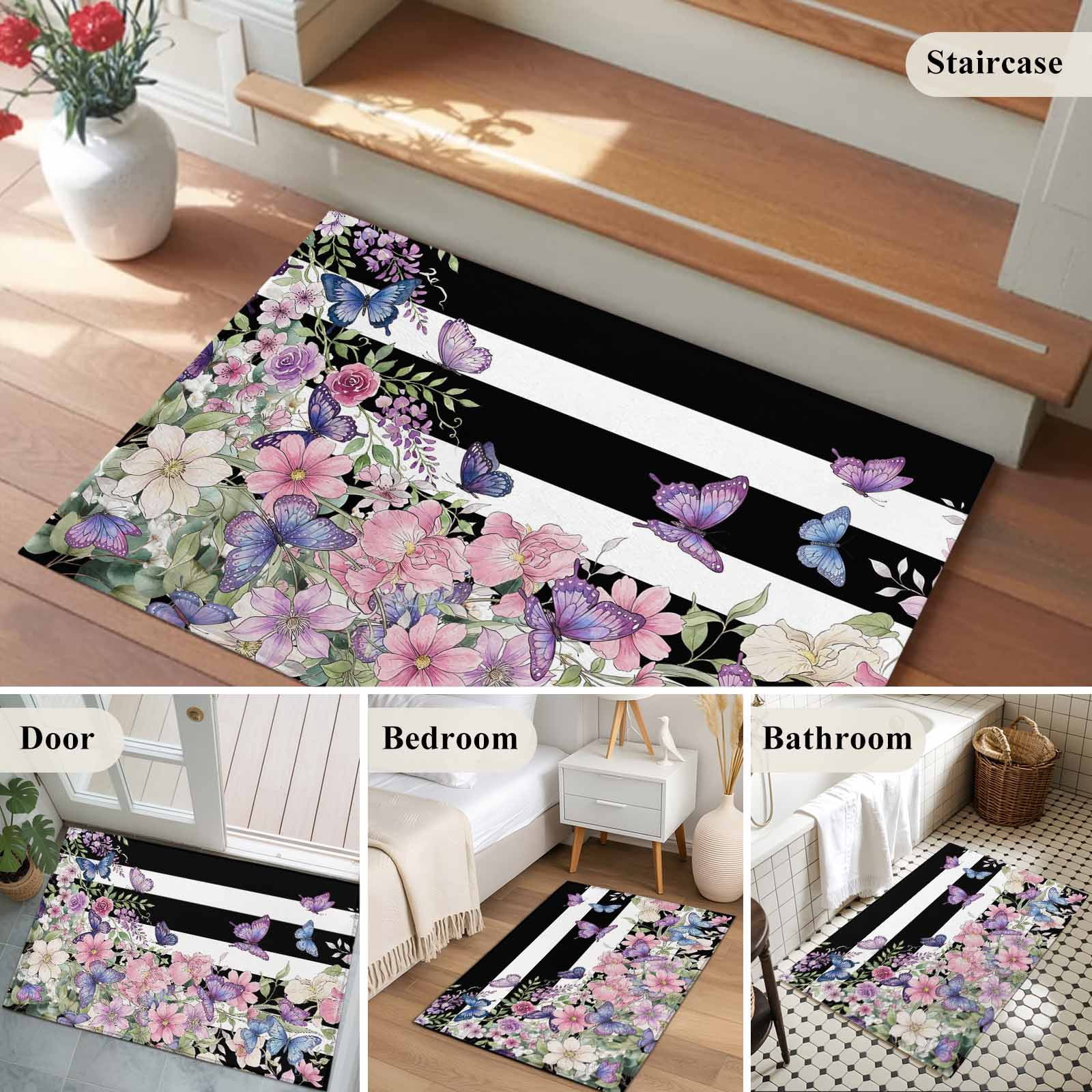 Pink Flowers Entryway Rug 2'x3'&nbsp; Non Slip Front Door Mats, Spring Floral Watercolor Botanical Farmhouse Striped Entrance Rugs Indoor Outdoor Carpet, Floor Mats Small Area Rug for Bedroom Kitchen